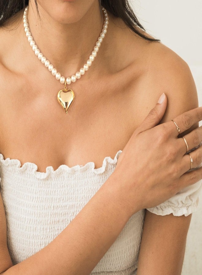FAUTHENTICUTE Imitation Pearl Strand Necklaces For Women With A Large Puffy Heart Pendant Heart Choker Necklaces - Image 2